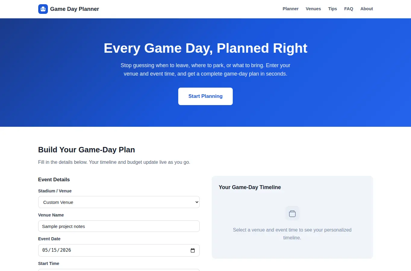 Screenshot of Sports Event Day Logistics Planner interface showing the project page in use